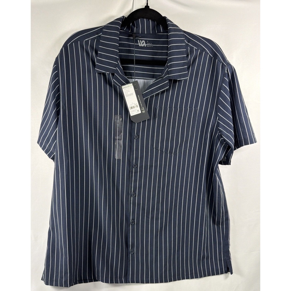 VRST Men's Short Sleeve Pinstripe Button-Up Navy Moisture Wicking UPF 30 L